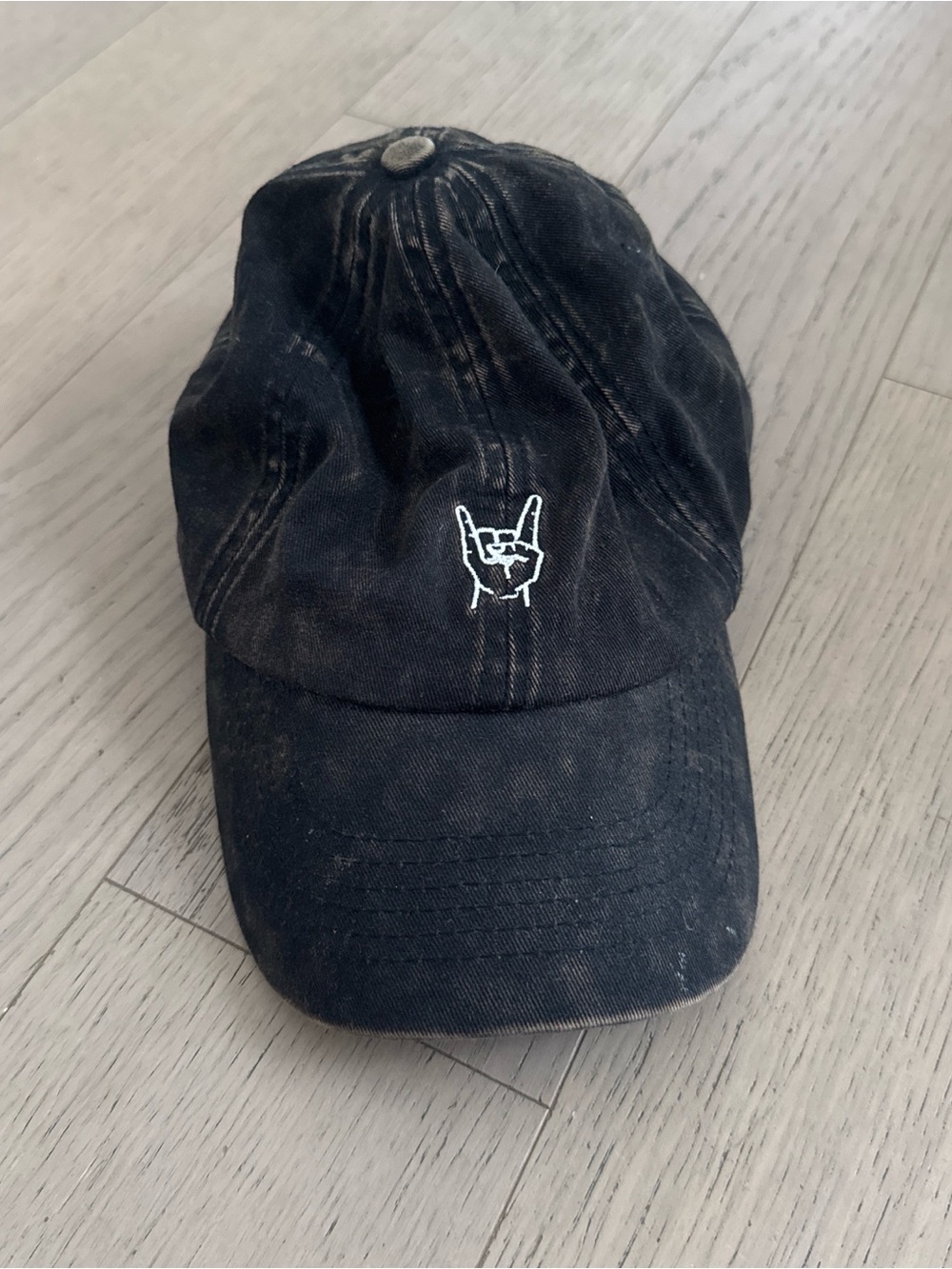 Black Distressed Cap with Embroidered Hand Sign
